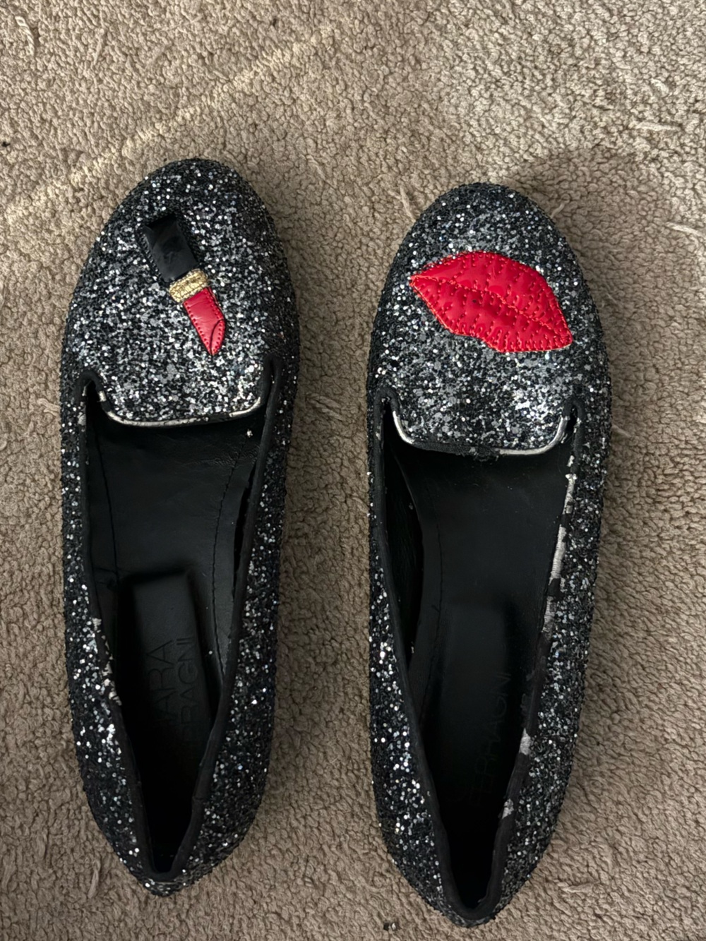 Chiara Ferragni Charcoal Glitter Loafers with Red Lip & Lipstick Accent